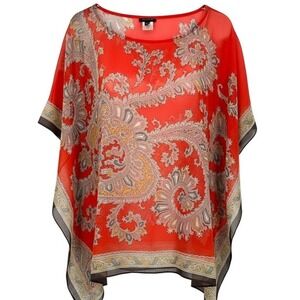 Talbots Womens Red Paisley 100% Silk Poncho Tunic Top Size S/M Semi-sheer Layer